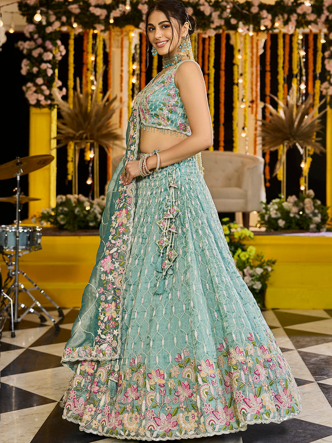 Peach pink Satin Silk Fabric Sequins Embroidered Ready to Wear Crop top Lehenga Choli & Dupatta