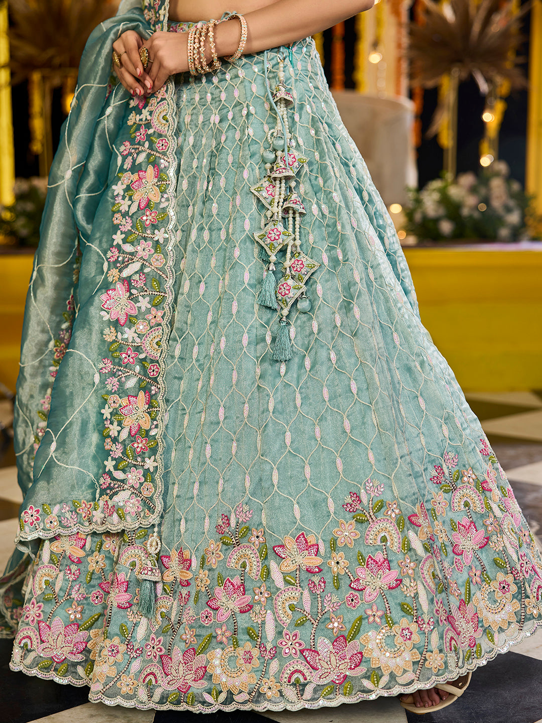 Peach pink Satin Silk Fabric Sequins Embroidered Ready to Wear Crop top Lehenga Choli & Dupatta