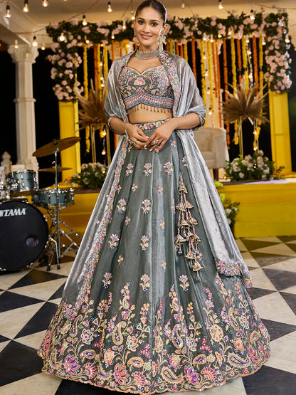 Green- Tissue Fabric Sequins Embroidered Ready to Wear crop top lehenga Choli & Dupatta