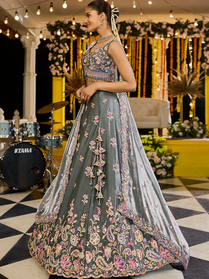 Green- Tissue Fabric Sequins Embroidered Ready to Wear crop top lehenga Choli & Dupatta