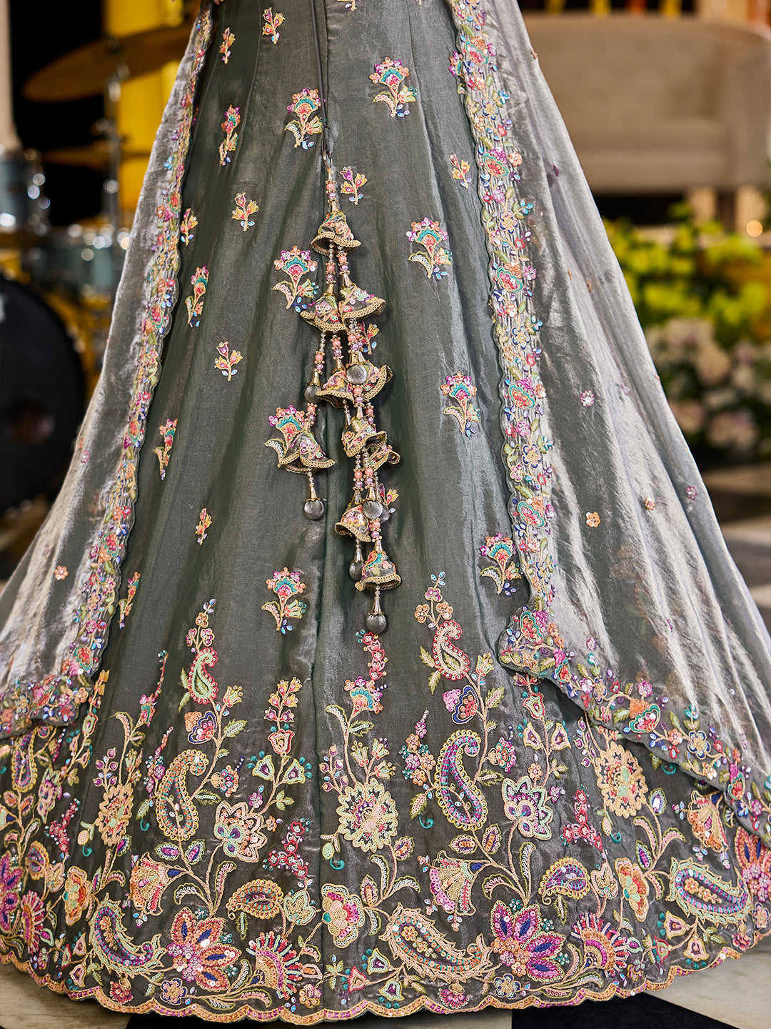 Green- Tissue Fabric Sequins Embroidered Ready to Wear crop top lehenga Choli & Dupatta