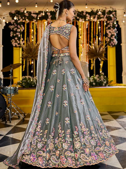 Green- Tissue Fabric Sequins Embroidered Ready to Wear crop top lehenga Choli & Dupatta