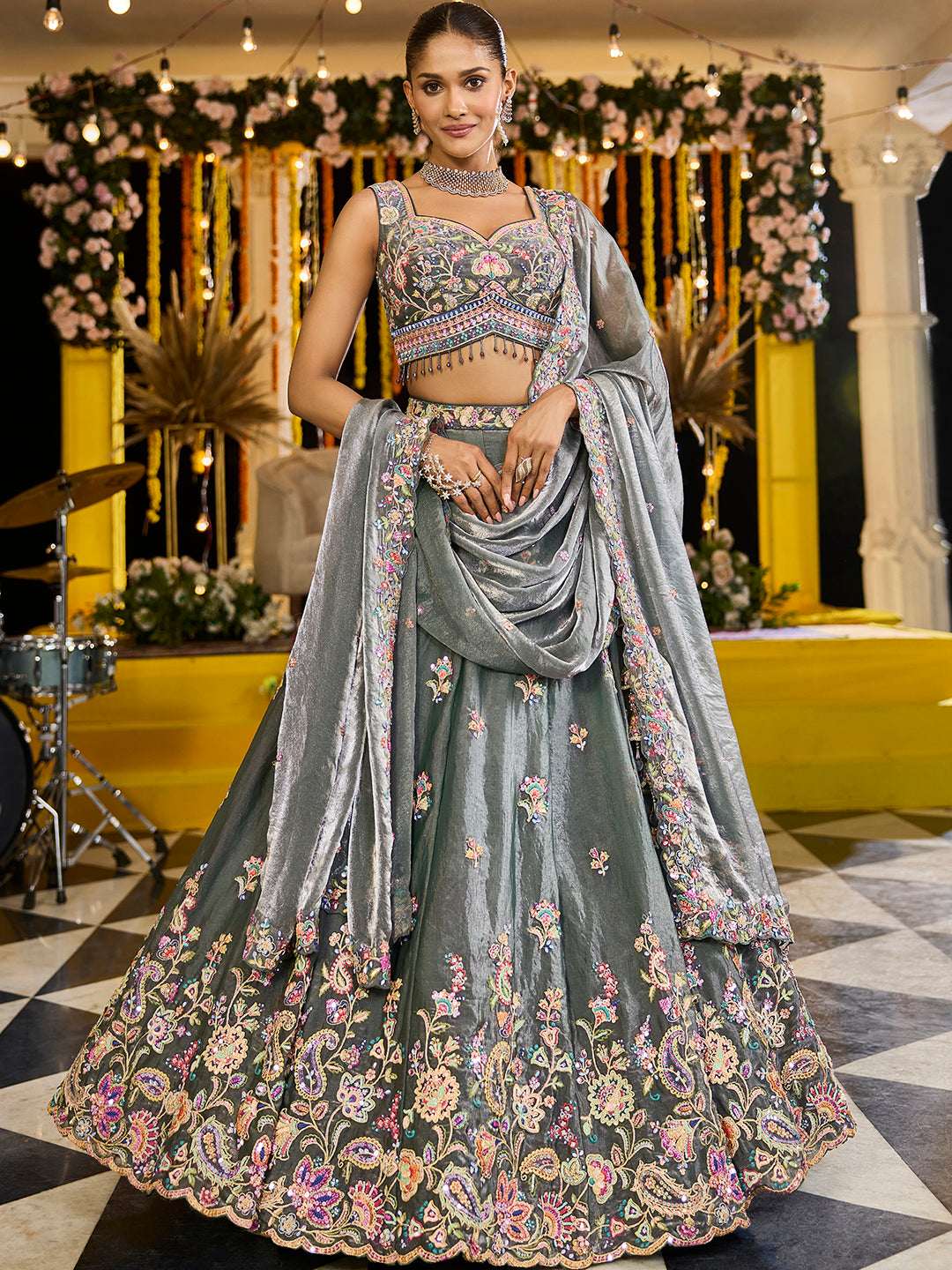 Green- Tissue Fabric Sequins Embroidered Ready to Wear crop top lehenga Choli & Dupatta