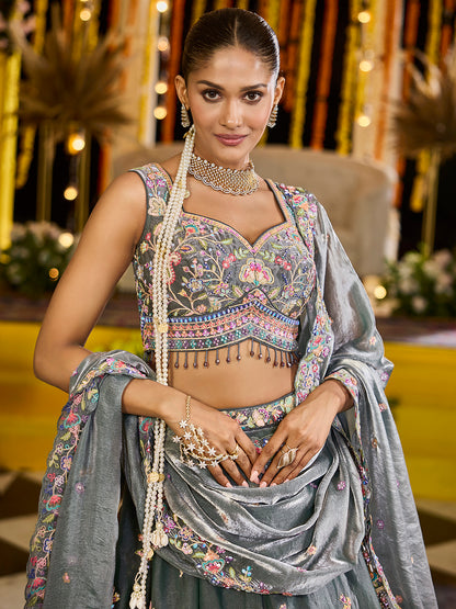 Green- Tissue Fabric Sequins Embroidered Ready to Wear crop top lehenga Choli & Dupatta