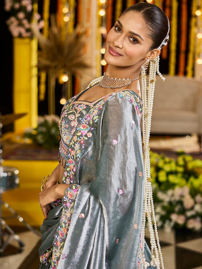 Green- Tissue Fabric Sequins Embroidered Ready to Wear crop top lehenga Choli & Dupatta