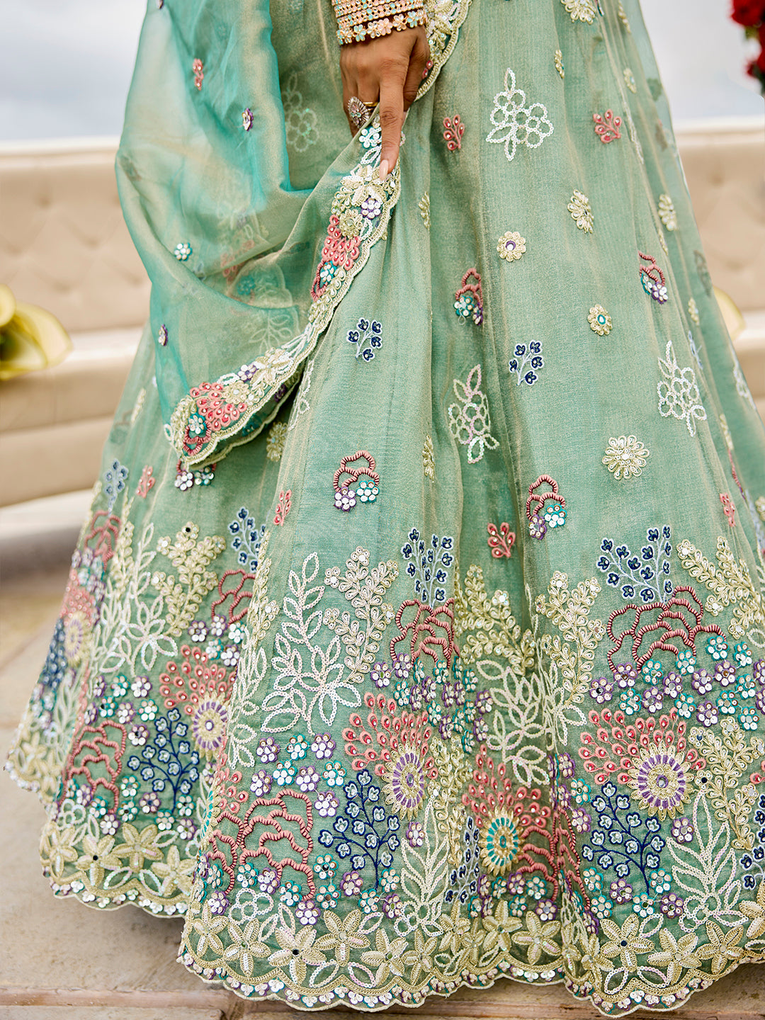 Pink- Satin Silk Fabric Sequins Embroidered Ready to Wear Crop top Lehenga Choli & Dupatta