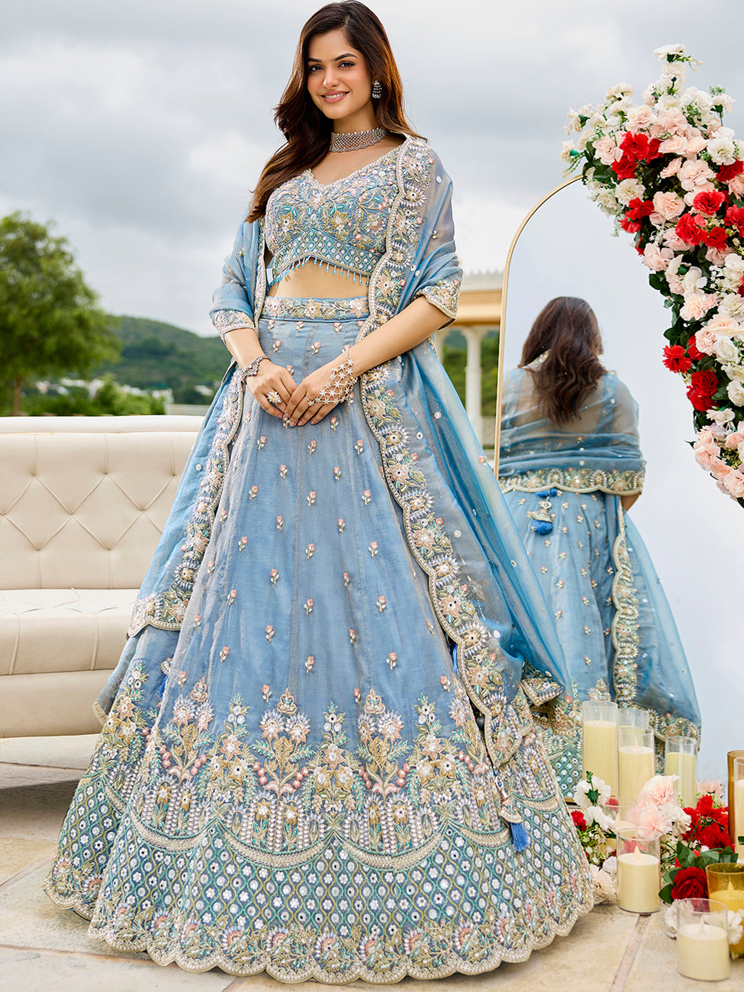 Sky blue - Satin Silk Fabric Sequins Embroidered Ready to Wear Crop top Lehenga Choli & Dupatta