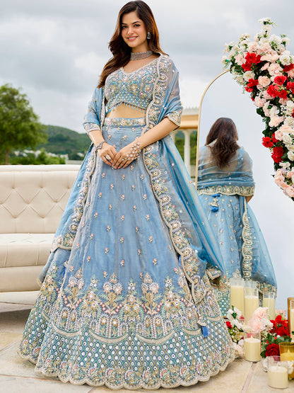 Sky blue - Satin Silk Fabric Sequins Embroidered Ready to Wear Crop top Lehenga Choli & Dupatta