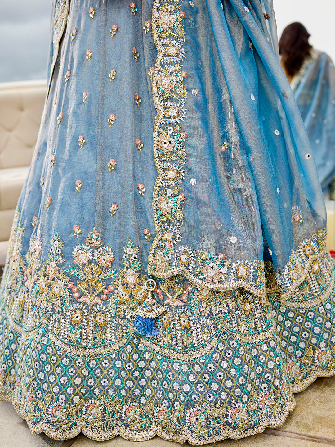 Sky blue - Satin Silk Fabric Sequins Embroidered Ready to Wear Crop top Lehenga Choli & Dupatta