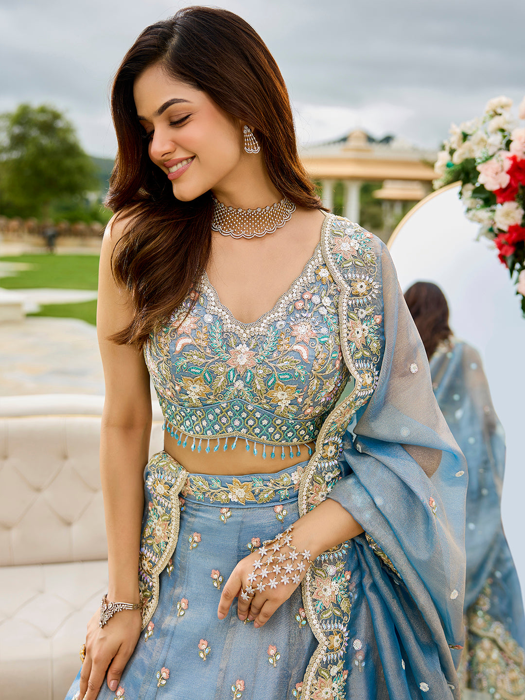 Sky blue - Satin Silk Fabric Sequins Embroidered Ready to Wear Crop top Lehenga Choli & Dupatta