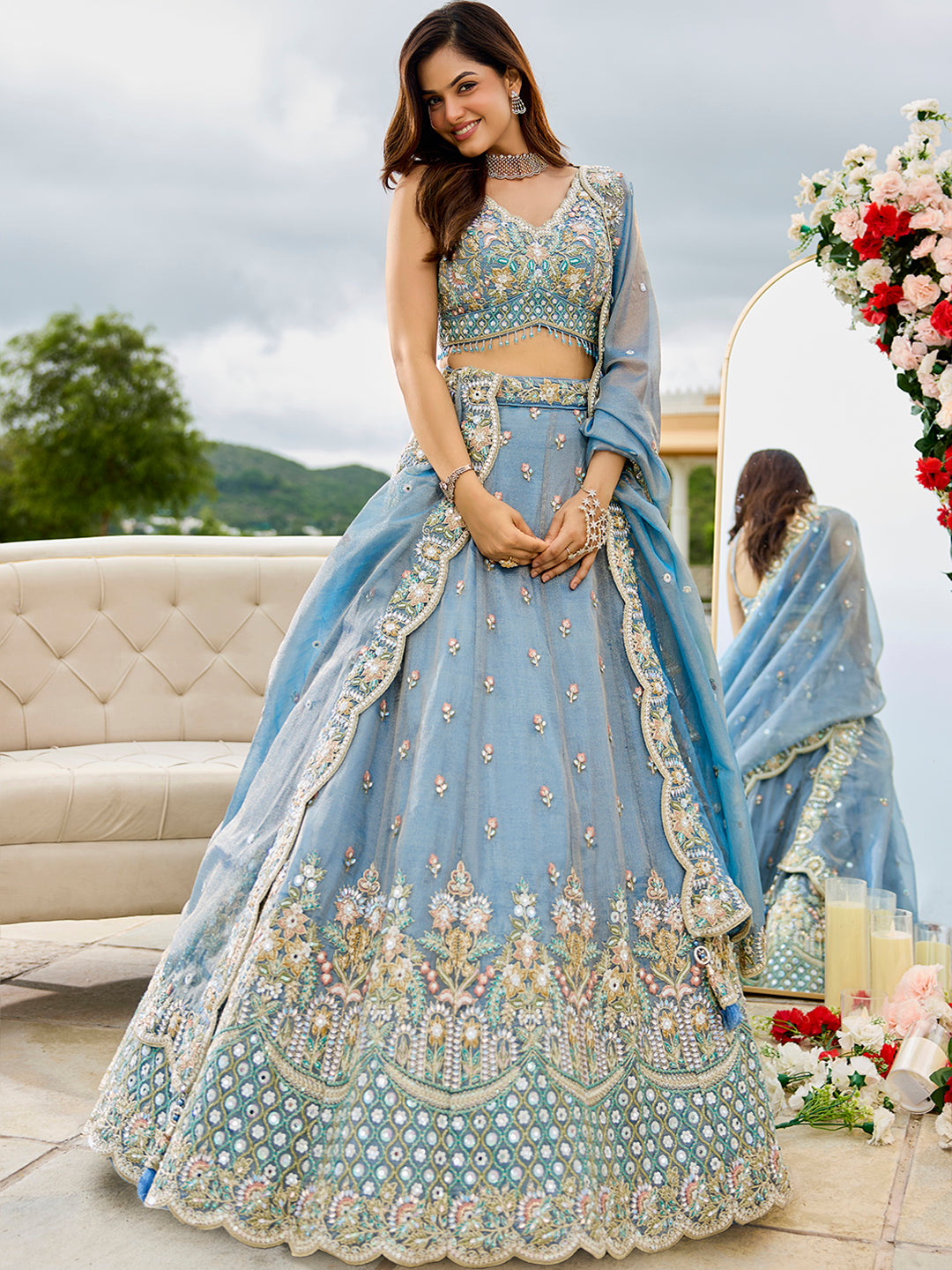 Sky blue - Satin Silk Fabric Sequins Embroidered Ready to Wear Crop top Lehenga Choli & Dupatta