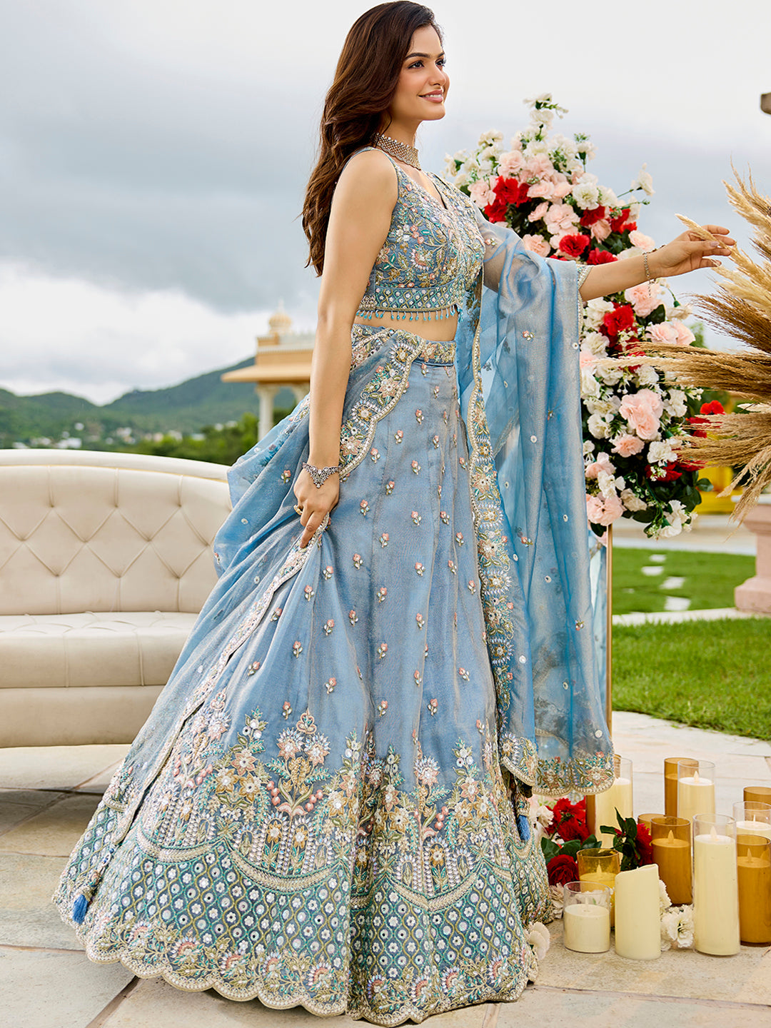 Sky blue - Satin Silk Fabric Sequins Embroidered Ready to Wear Crop top Lehenga Choli & Dupatta