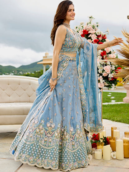 Sky blue - Satin Silk Fabric Sequins Embroidered Ready to Wear Crop top Lehenga Choli & Dupatta