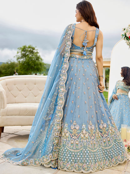 Sky blue - Satin Silk Fabric Sequins Embroidered Ready to Wear Crop top Lehenga Choli & Dupatta