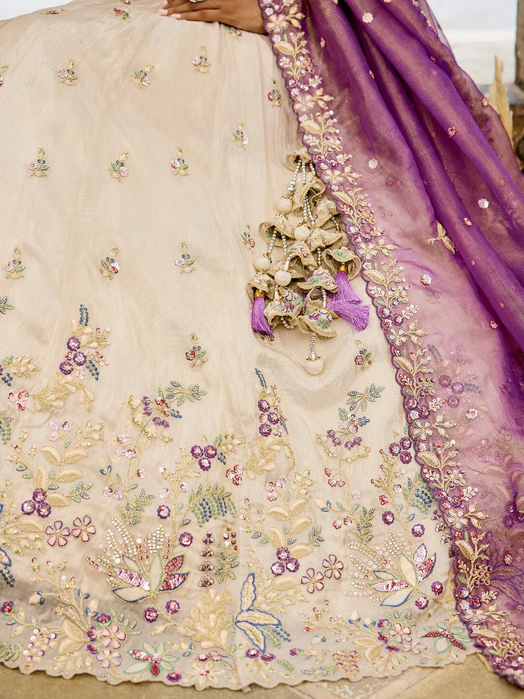 White Purple Lavender Tissue Fabric Sequins Thread & Embroidery White Lehenga