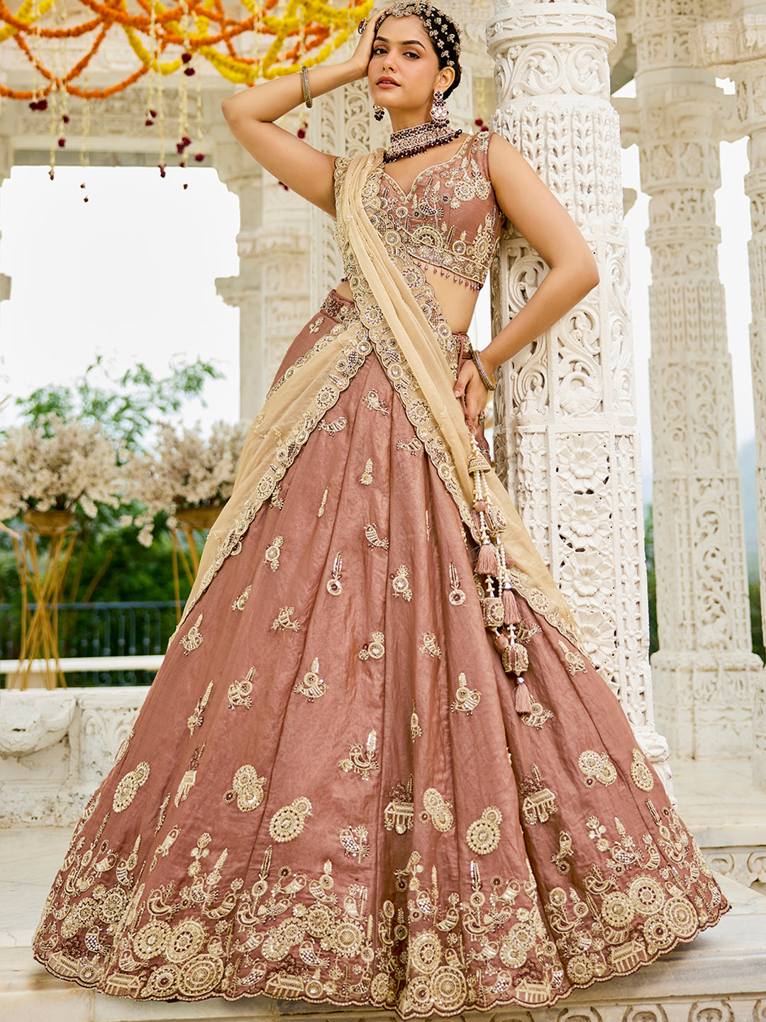 Pink Beige- Tissue Fabric Beads & Sequence Embroidered Ready to Wear crop top lehenga Choli & Dupatta