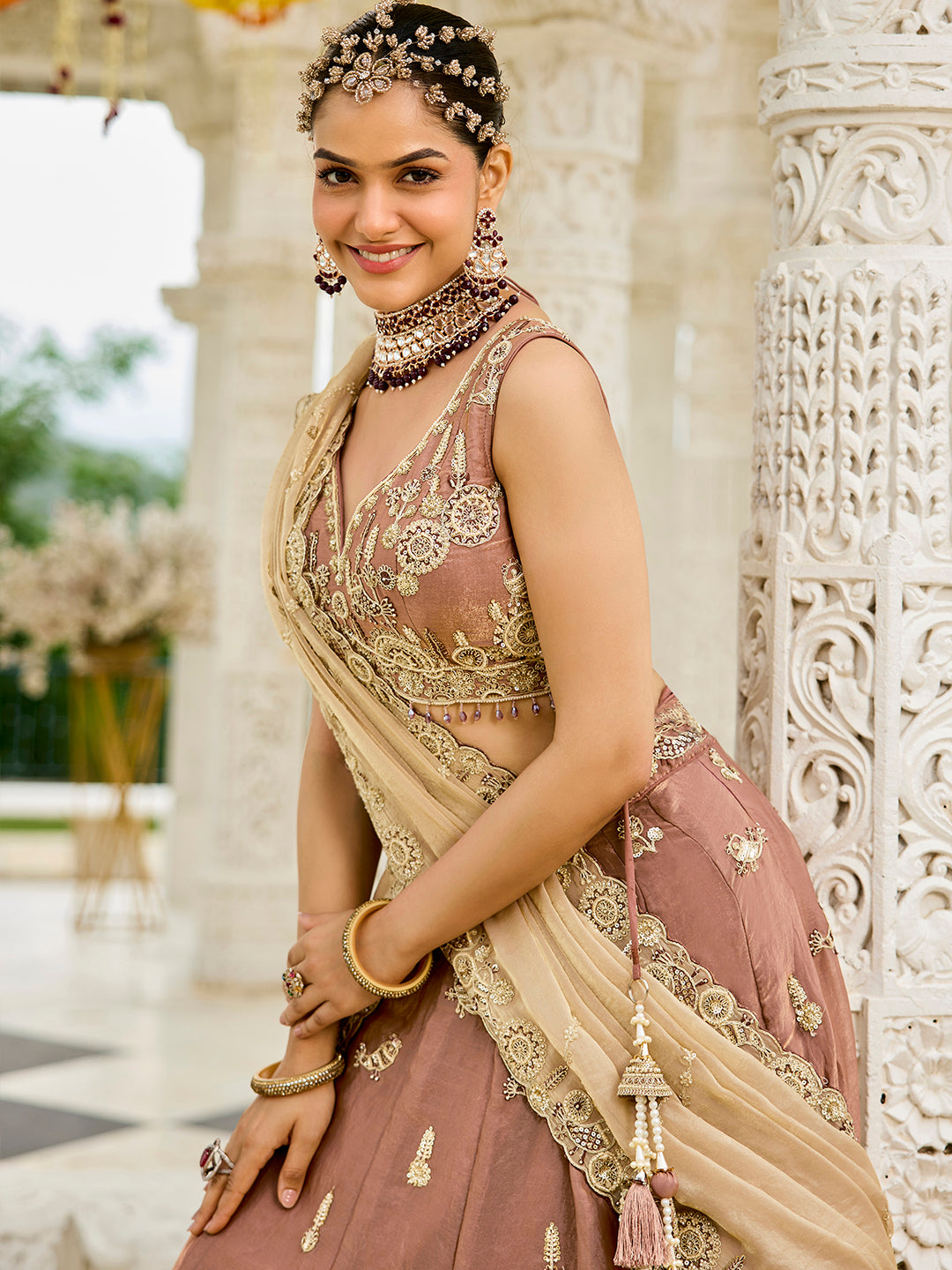 Pink Beige- Tissue Fabric Beads & Sequence Embroidered Ready to Wear crop top lehenga Choli & Dupatta