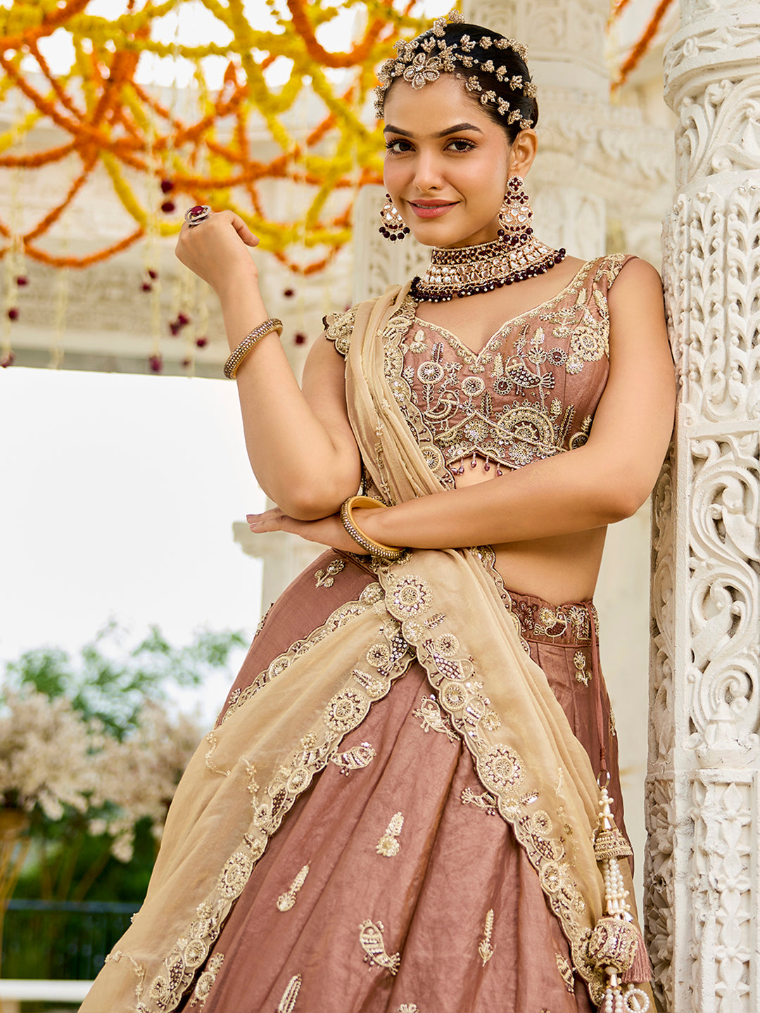 Pink Beige- Tissue Fabric Beads & Sequence Embroidered Ready to Wear crop top lehenga Choli & Dupatta