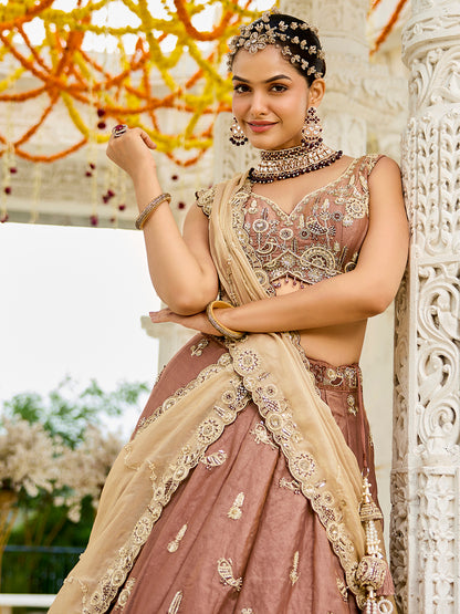 Pink Beige- Tissue Fabric Beads & Sequence Embroidered Ready to Wear crop top lehenga Choli & Dupatta