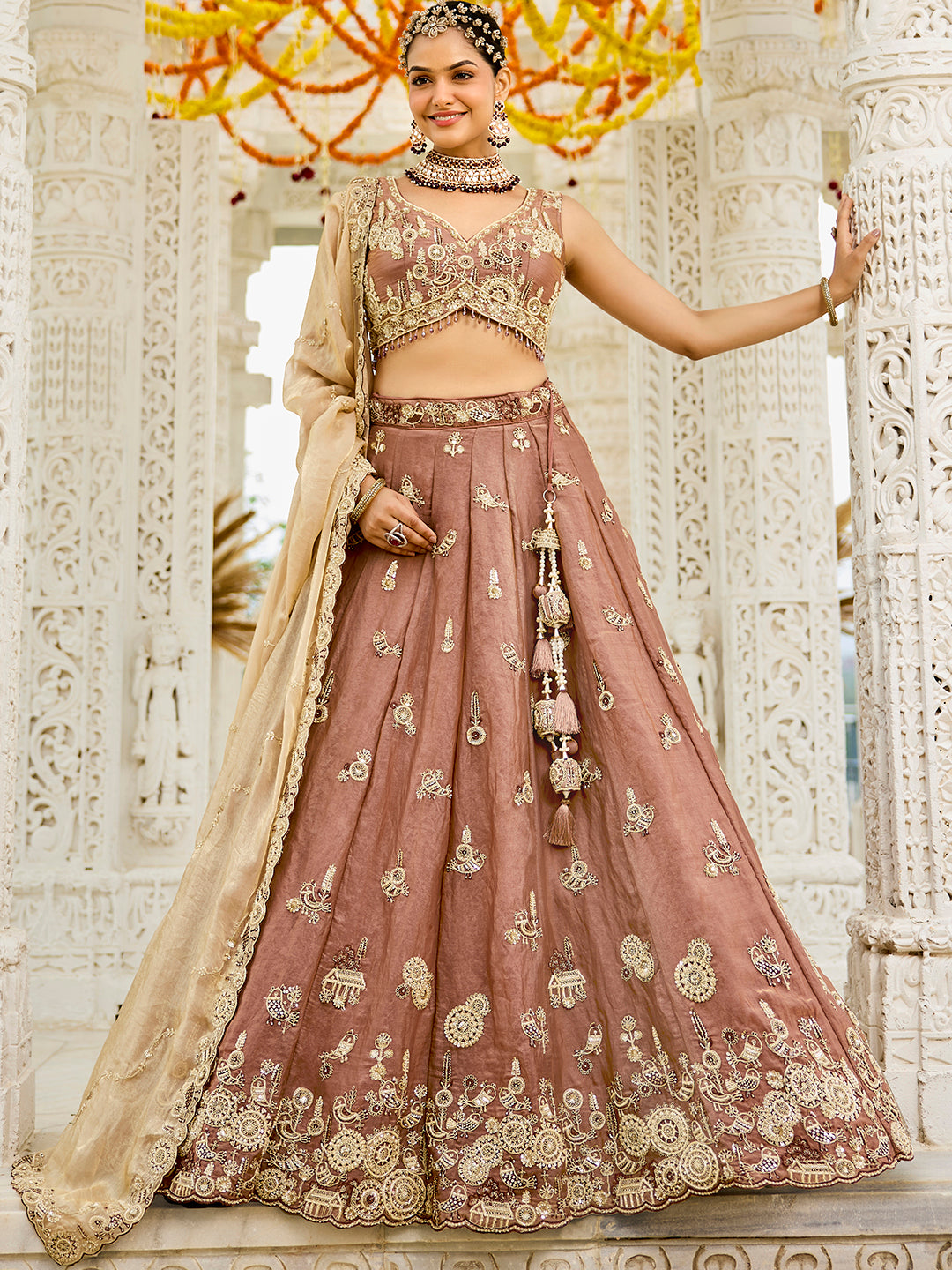 Pink Beige- Tissue Fabric Beads & Sequence Embroidered Ready to Wear crop top lehenga Choli & Dupatta