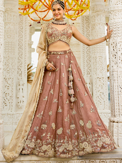 Pink Beige- Tissue Fabric Beads & Sequence Embroidered Ready to Wear crop top lehenga Choli & Dupatta