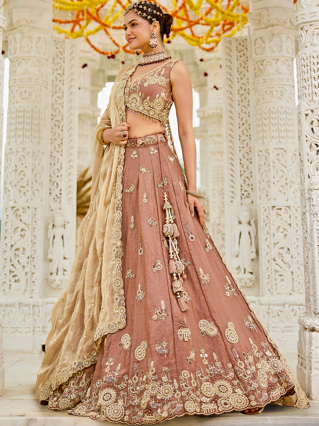 Pink Beige- Tissue Fabric Beads & Sequence Embroidered Ready to Wear crop top lehenga Choli & Dupatta