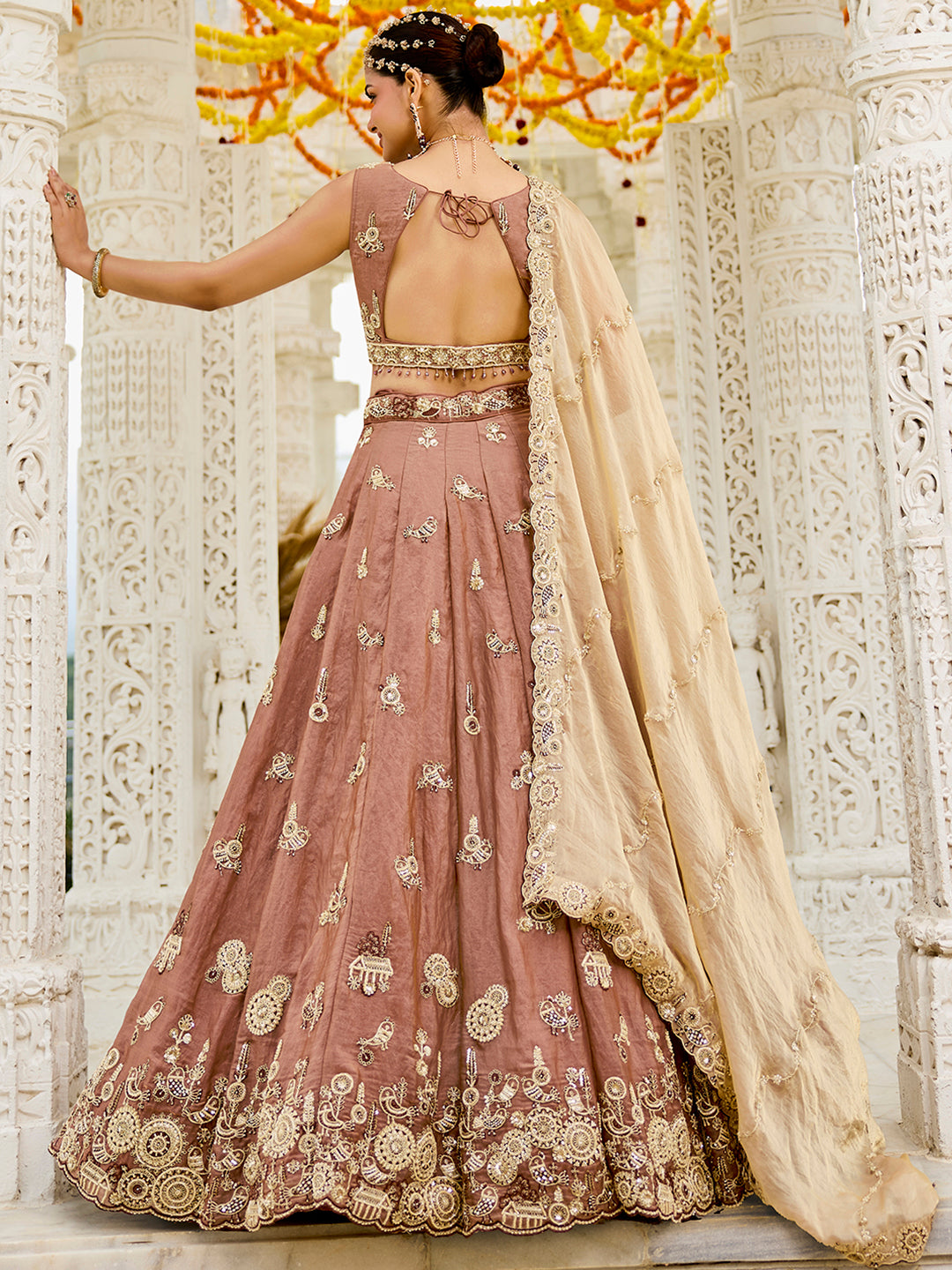 Pink Beige- Tissue Fabric Beads & Sequence Embroidered Ready to Wear crop top lehenga Choli & Dupatta