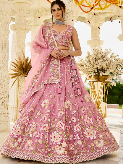 Yellow- Organza Fabric Beads & Sequence Embroidered Ready to Wear Crop top Lehenga Choli & Dupatta