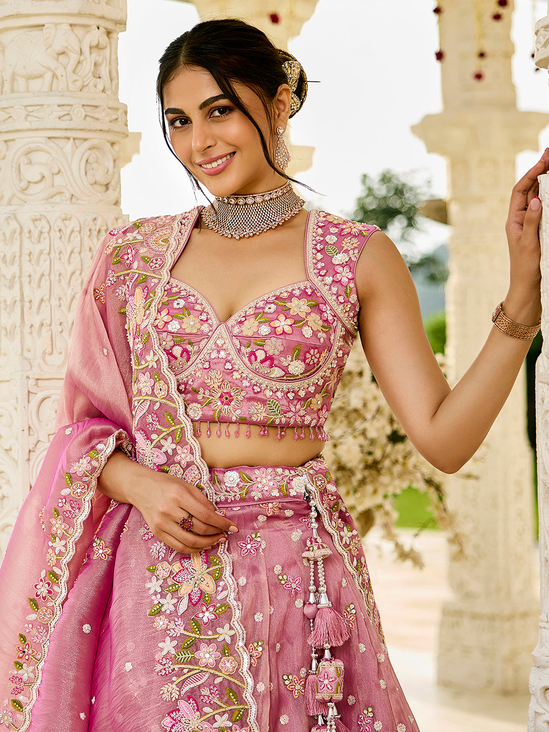 Yellow- Organza Fabric Beads & Sequence Embroidered Ready to Wear Crop top Lehenga Choli & Dupatta