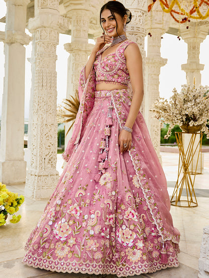 Yellow- Organza Fabric Beads & Sequence Embroidered Ready to Wear Crop top Lehenga Choli & Dupatta