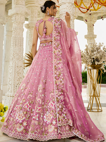 Yellow- Organza Fabric Beads & Sequence Embroidered Ready to Wear Crop top Lehenga Choli & Dupatta