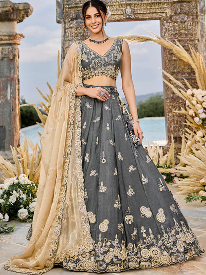 Pink Beige- Tissue Fabric Beads & Sequence Embroidered Ready to Wear crop top lehenga Choli & Dupatta