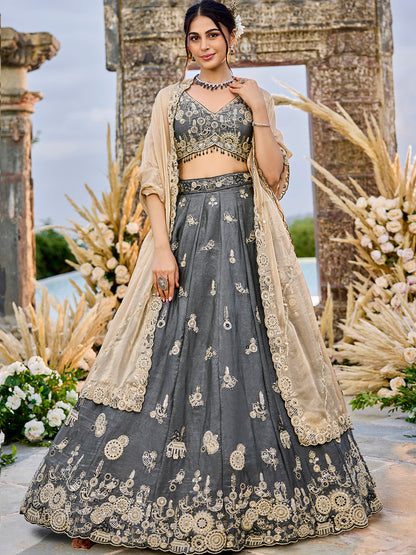 Pink Beige- Tissue Fabric Beads & Sequence Embroidered Ready to Wear crop top lehenga Choli & Dupatta