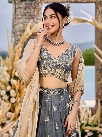 Pink Beige- Tissue Fabric Beads & Sequence Embroidered Ready to Wear crop top lehenga Choli & Dupatta