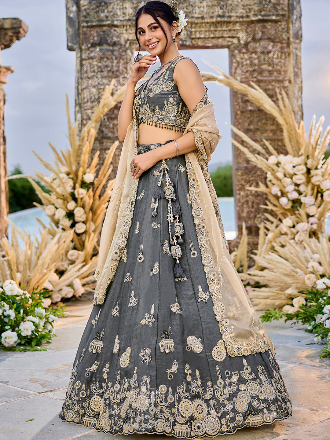 Pink Beige- Tissue Fabric Beads & Sequence Embroidered Ready to Wear crop top lehenga Choli & Dupatta