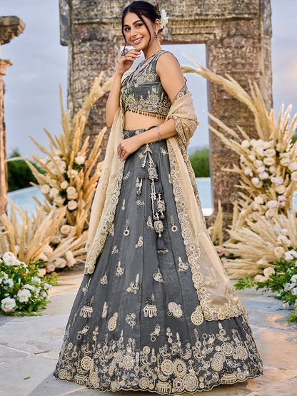 Pink Beige- Tissue Fabric Beads & Sequence Embroidered Ready to Wear crop top lehenga Choli & Dupatta