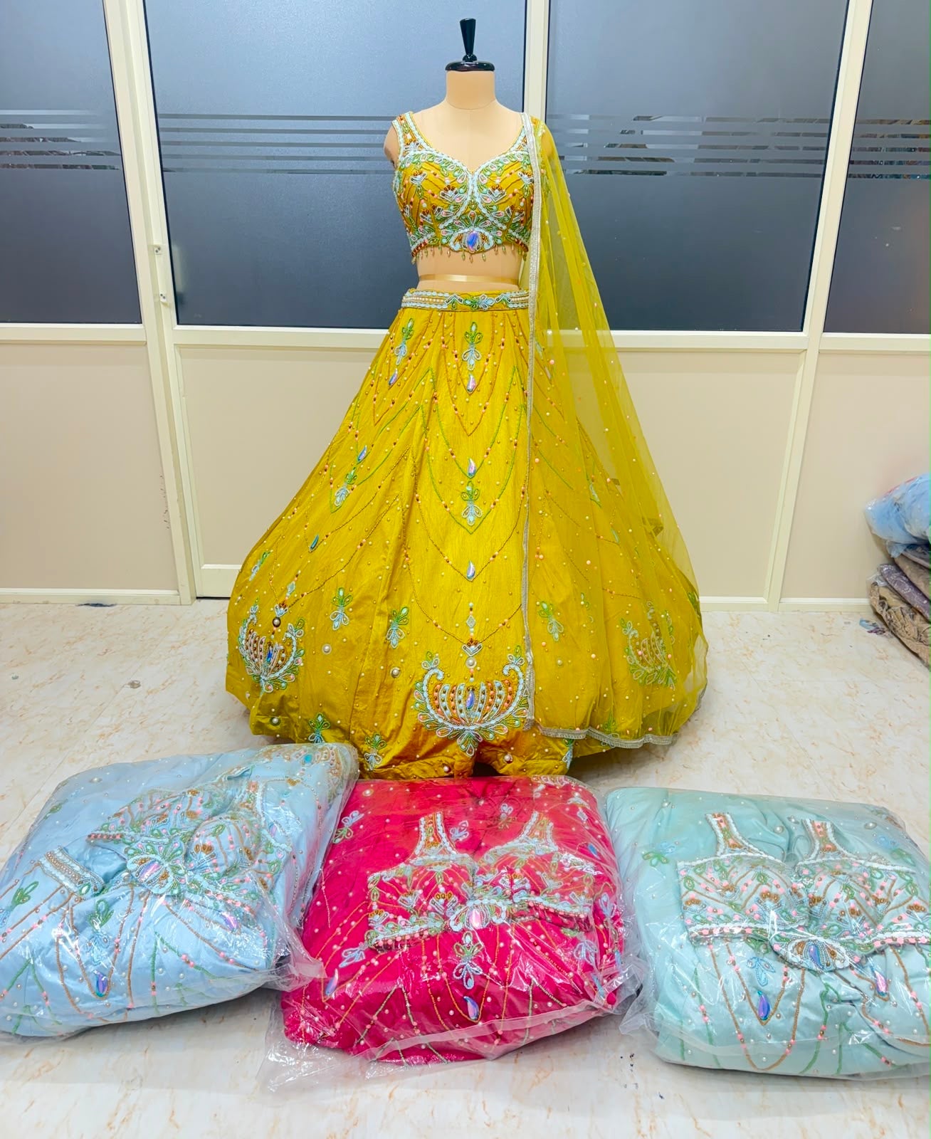 Blue red yellow sky blue Crop top Lehenga