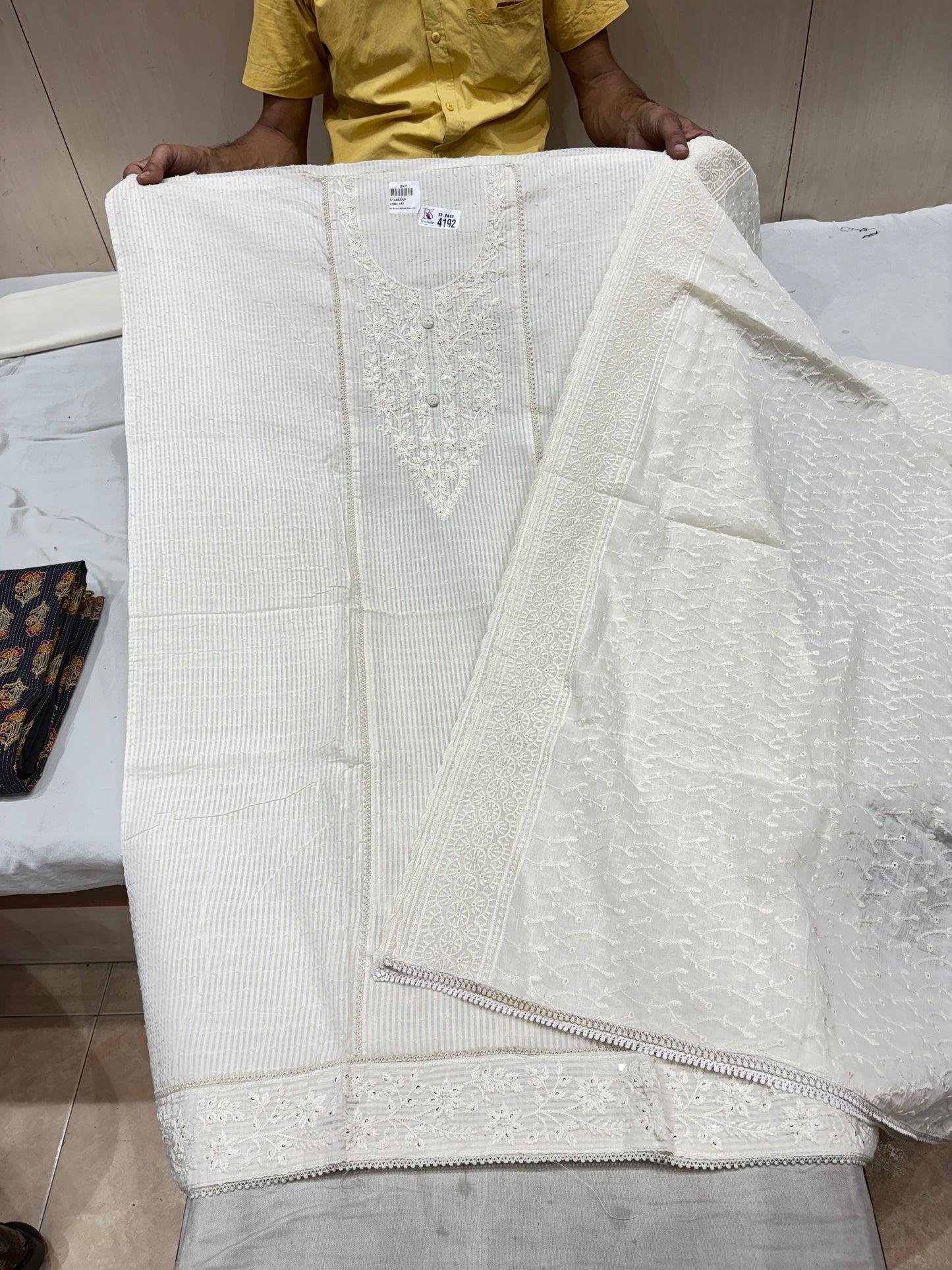 Embellished white georgette cotton unstitched suit ( free size )