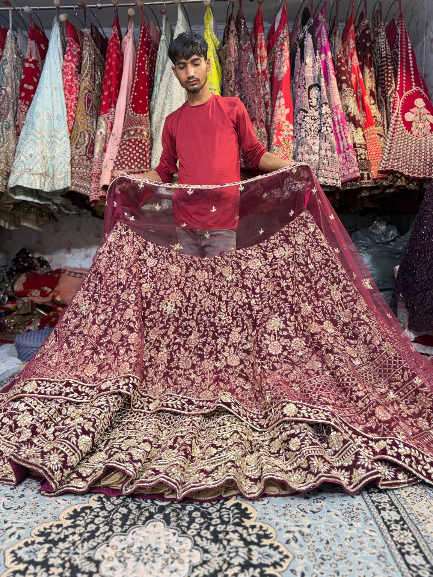 Lovely maroon bridal Lehenga handwork zardozi dabka