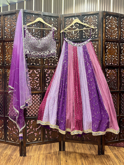 Designer multi color pink lavender purple crop top Lehenga