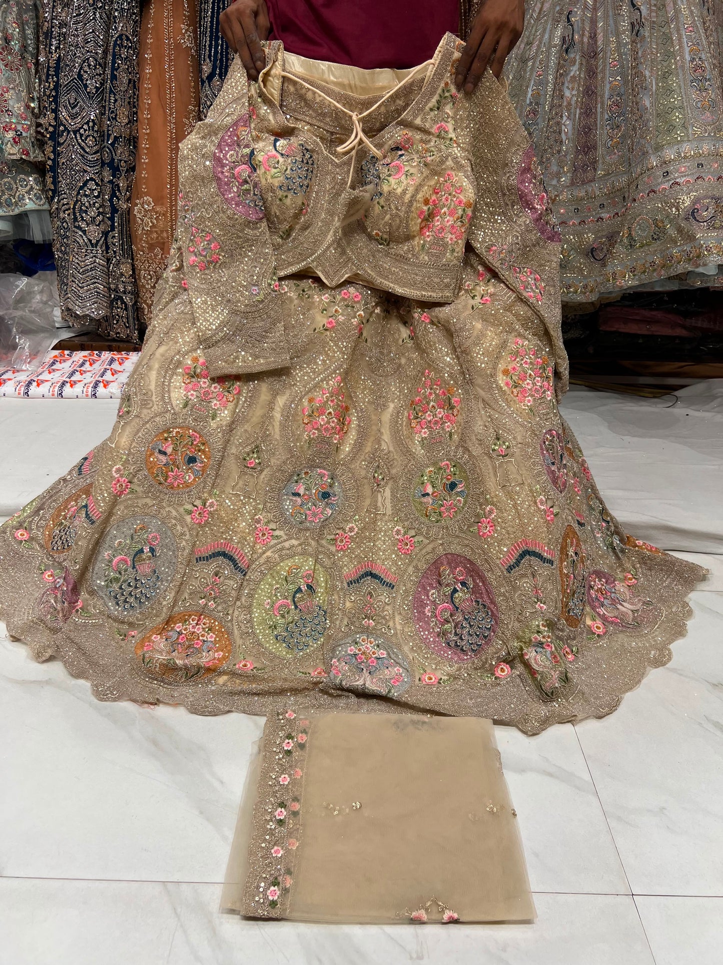 Beige Golden Crop Top Lehenga