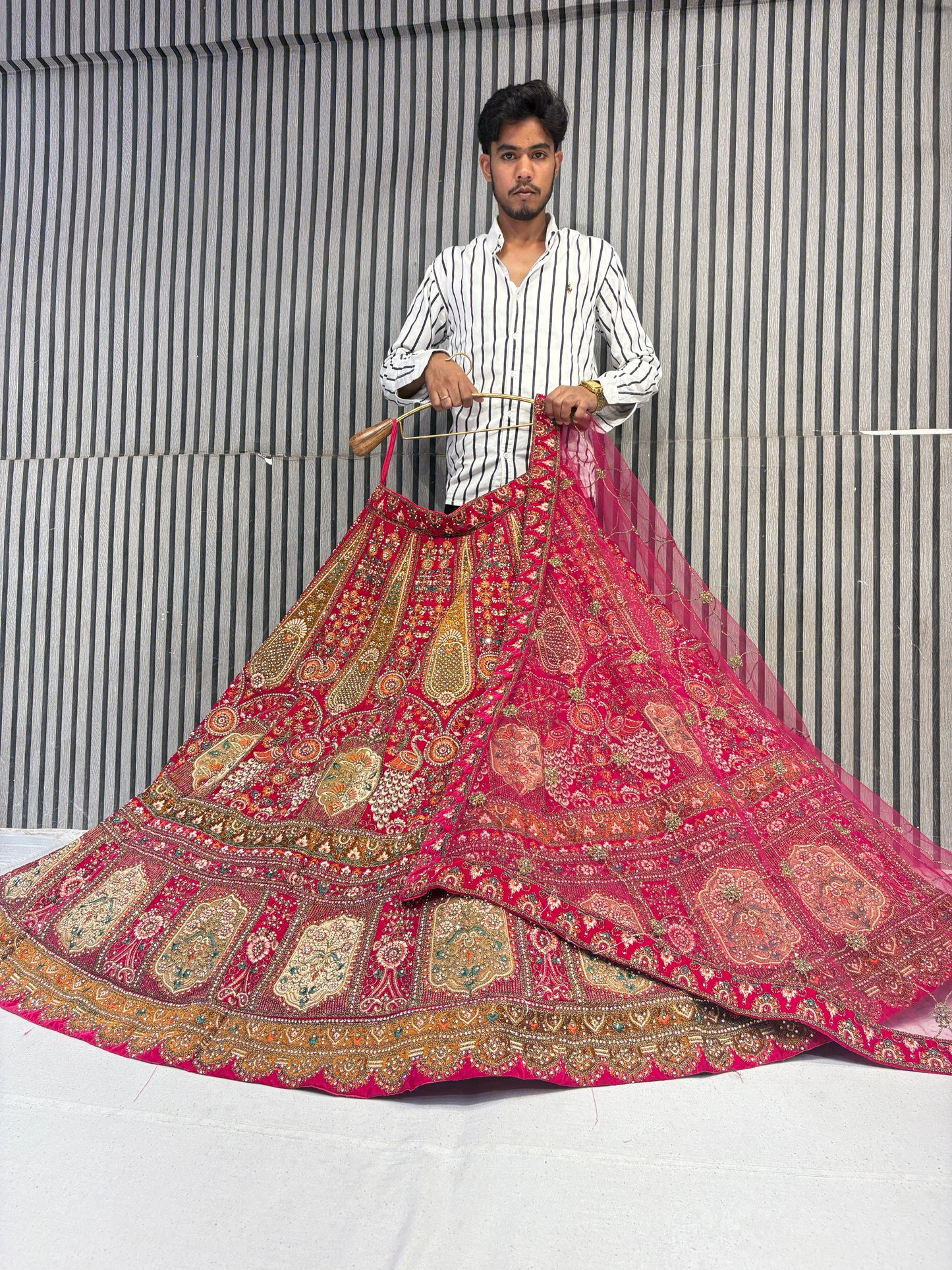 Pretty red rani pink peacock handwork bridal Lehenga