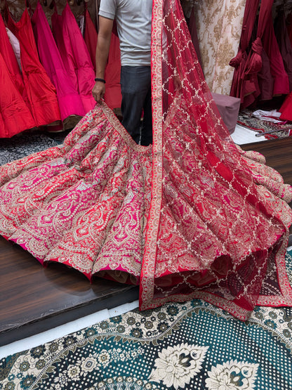 Rani pink red orange Peacock Multikali Ball Bridal Lehenga