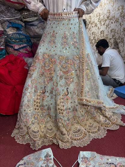 Fantastic Sky blue peacock crop top Lehenga