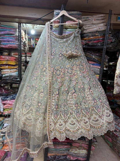 Elegant pista green peacock Crop Top Lehenga