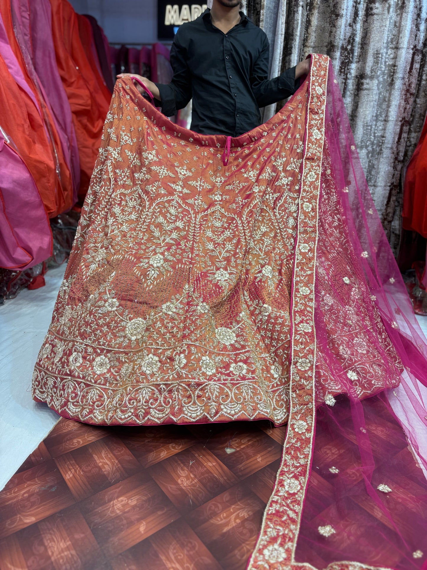 Delightful pink handwork zardozi dabka bridal Lehenga