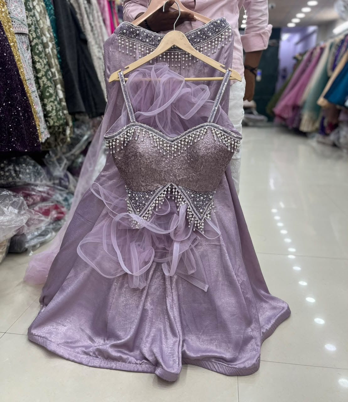 Lavender Fish Cut Crop Top Lehenga