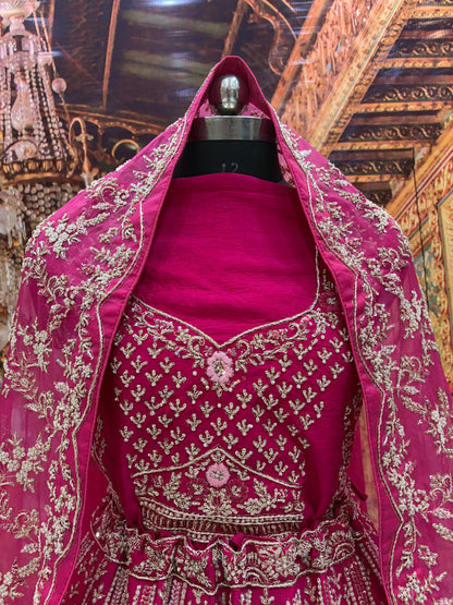 Eye catching rani pink peacock pure handwork heavy bridal Lehenga