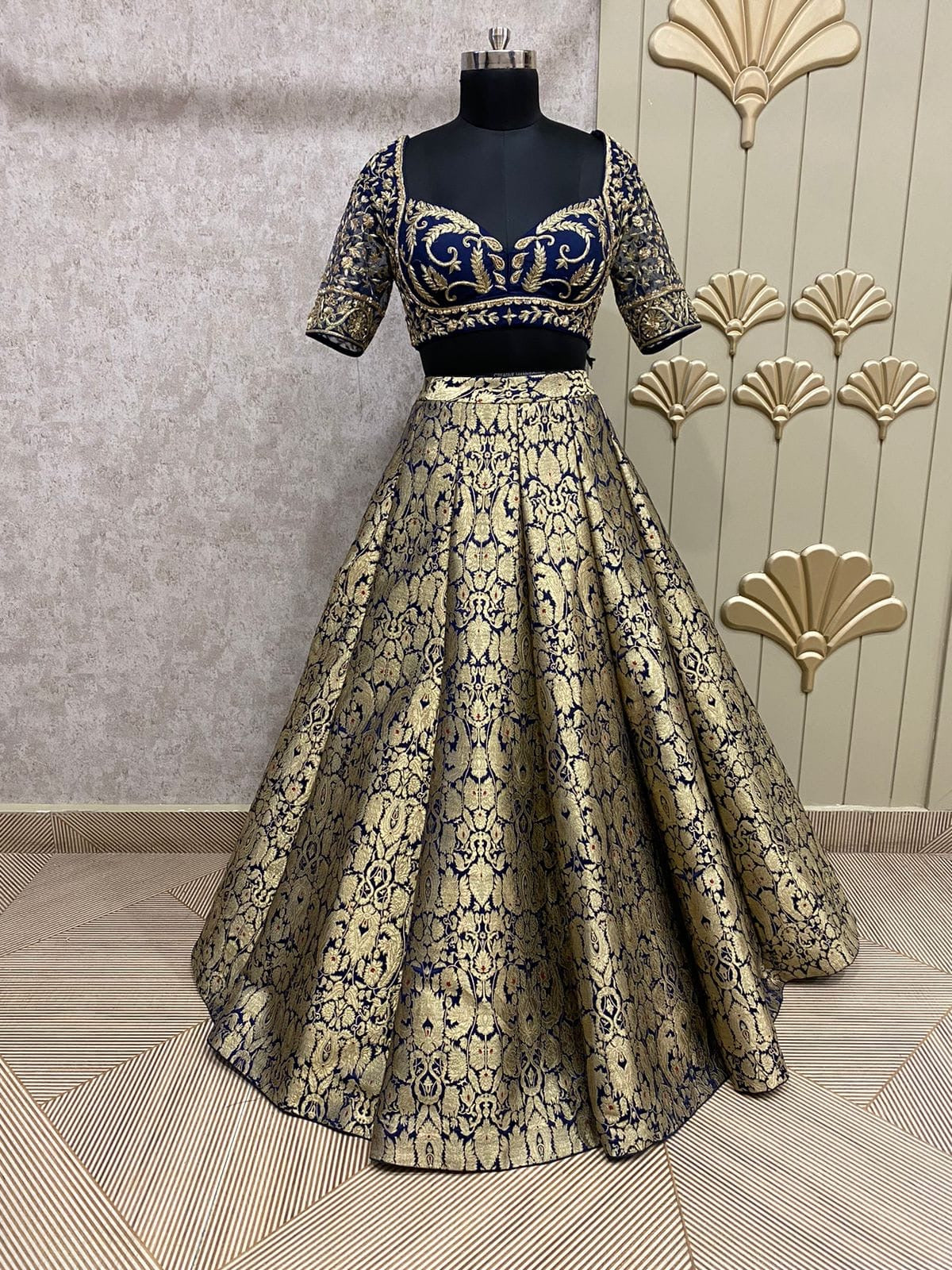 Navy blue Banarasi crop top Lehenga