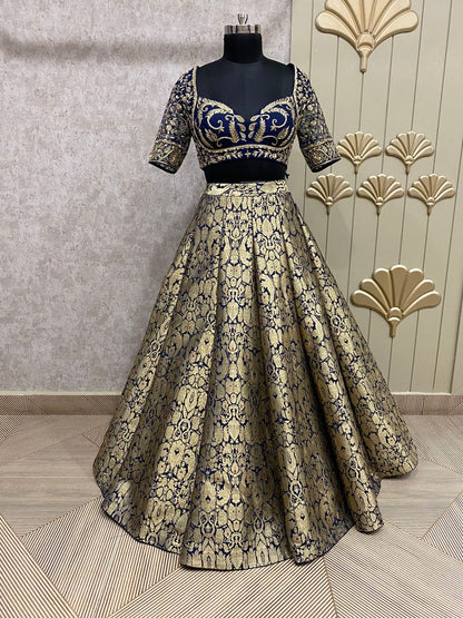 Navy blue Banarasi crop top Lehenga